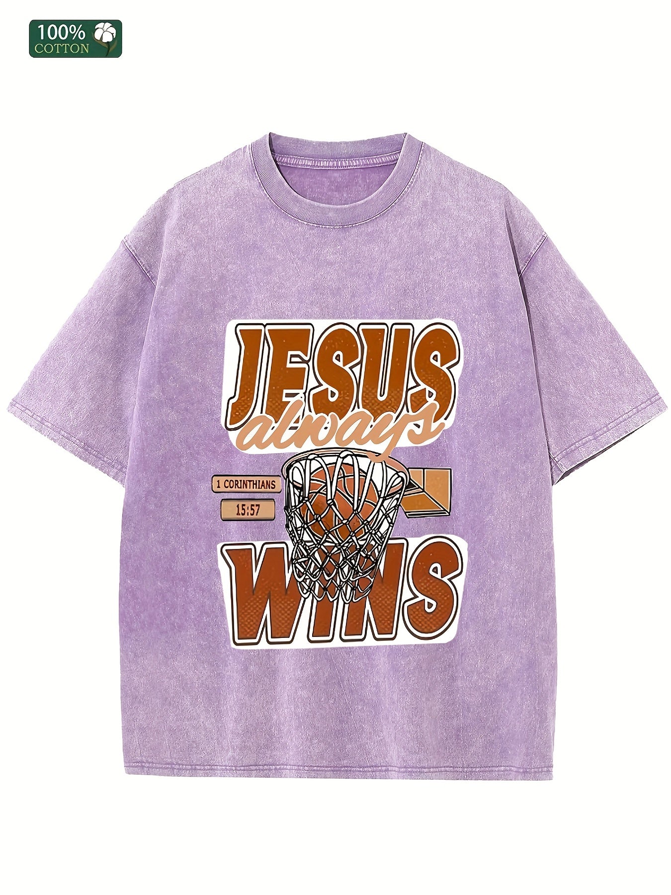 JESUS ALWAYS WINS Men's Wash Cotton T-shirt 100% Cotton Casual Sports T-shirt Fa image 1