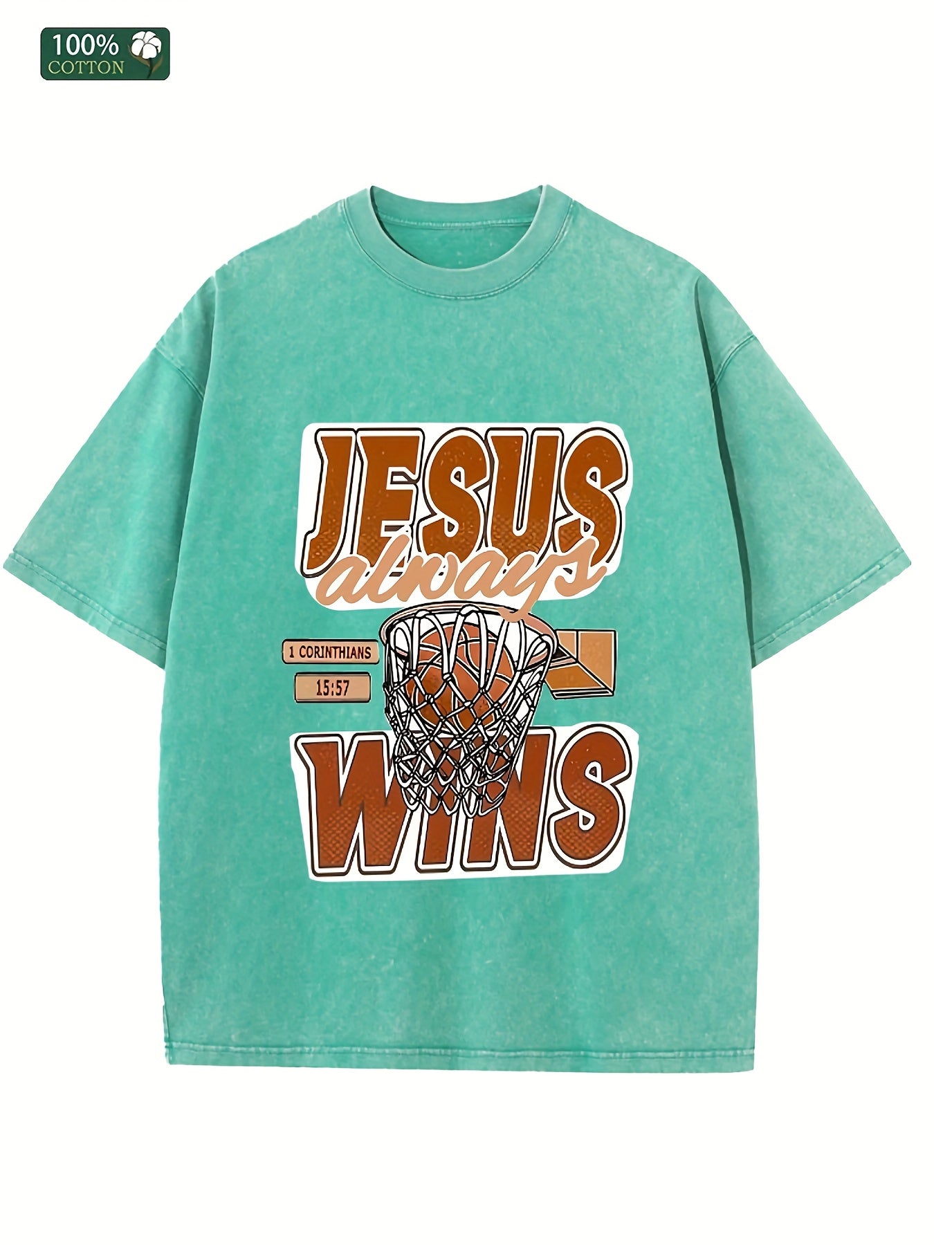 JESUS ALWAYS WINS Men's Wash Cotton T-shirt 100% Cotton Casual Sports T-shirt Fa image 2