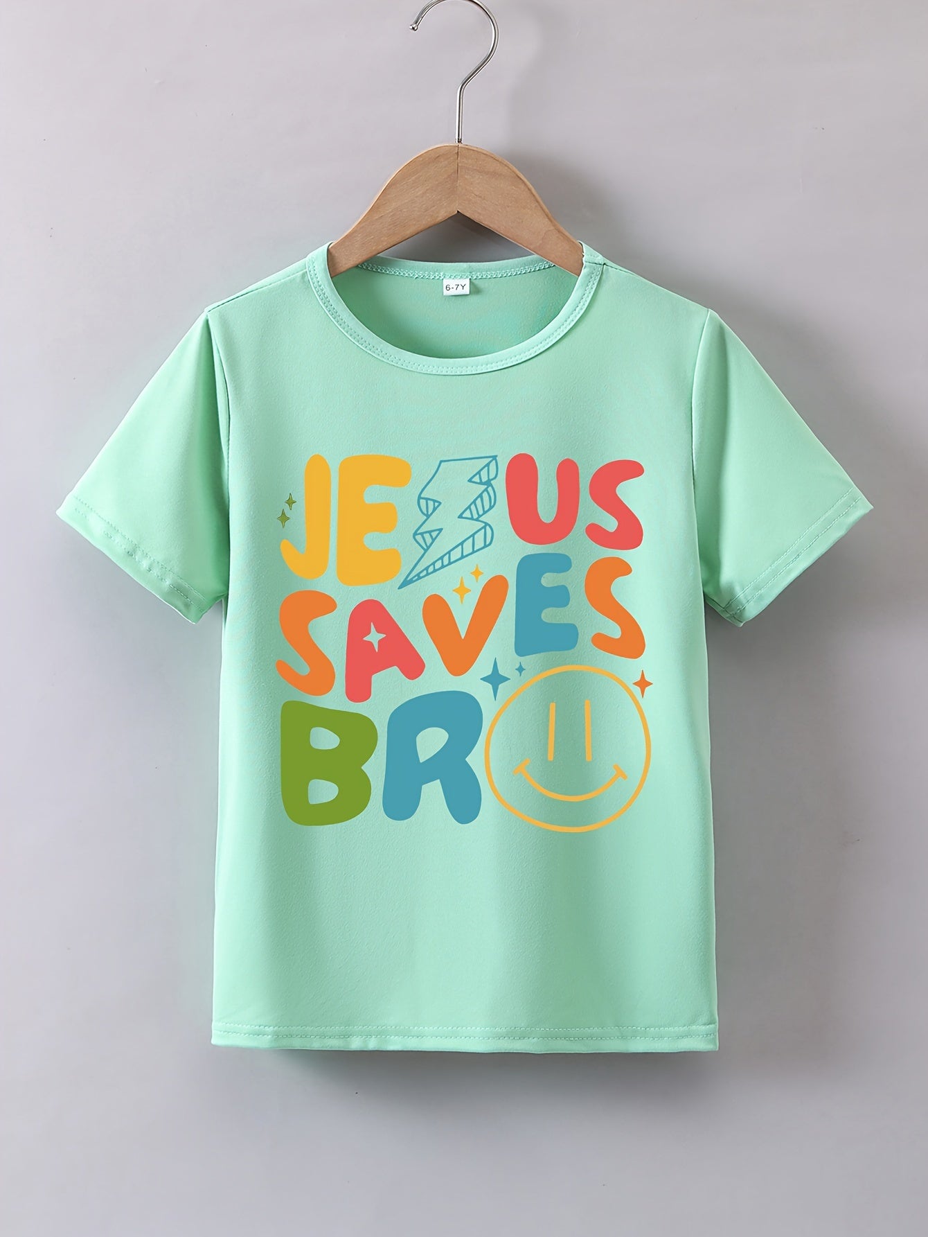 Kids' Summer Casual Cartoon Jesus Saves Graphic Tee - Crew Neck, Slight Stretch  image 2