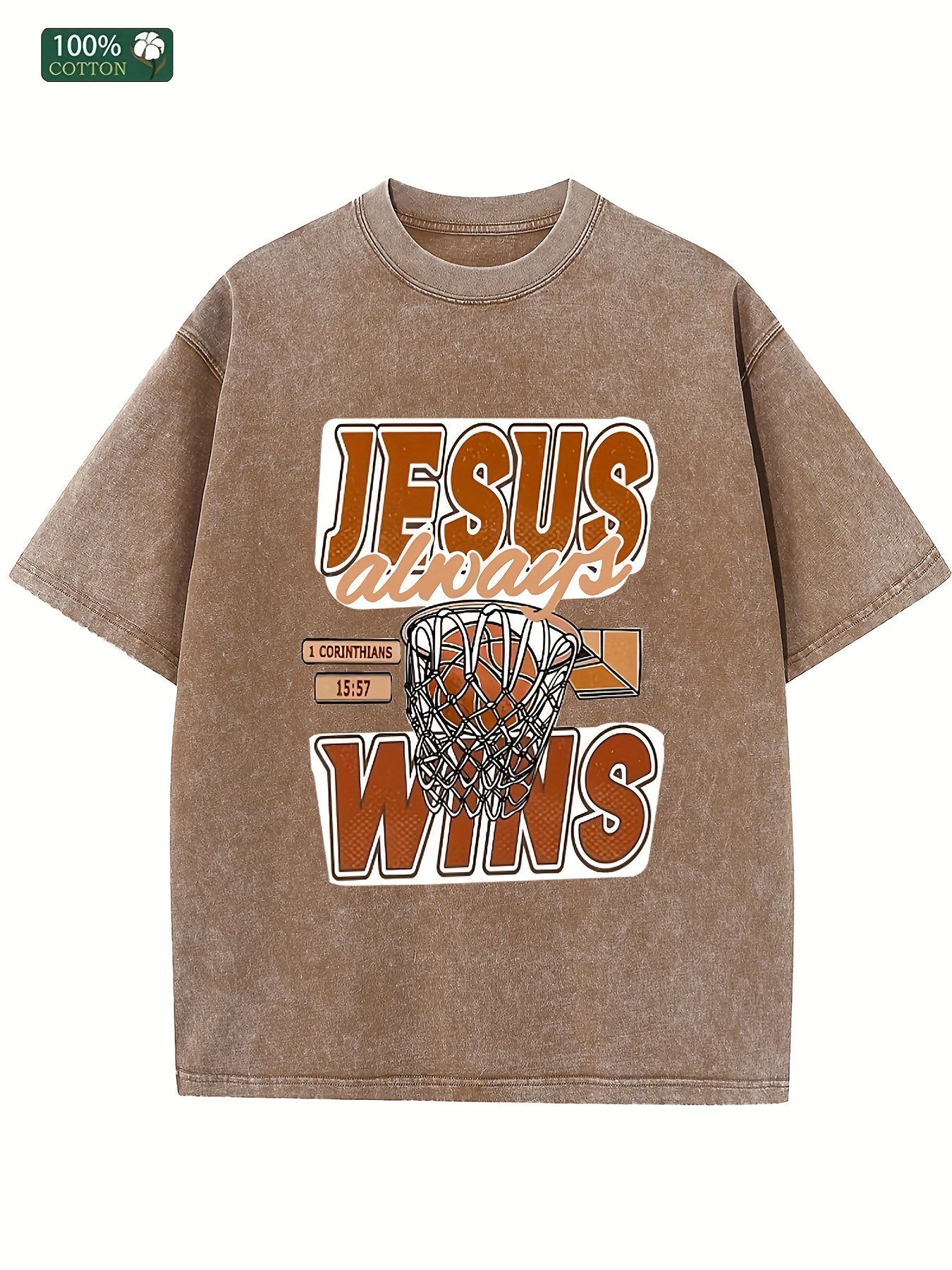 JESUS ALWAYS WINS Men's Wash Cotton T-shirt 100% Cotton Casual Sports T-shirt Fa image 0