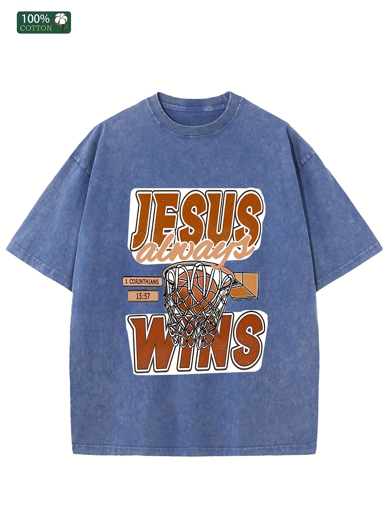 JESUS ALWAYS WINS Men's Wash Cotton T-shirt 100% Cotton Casual Sports T-shirt Fa image 5