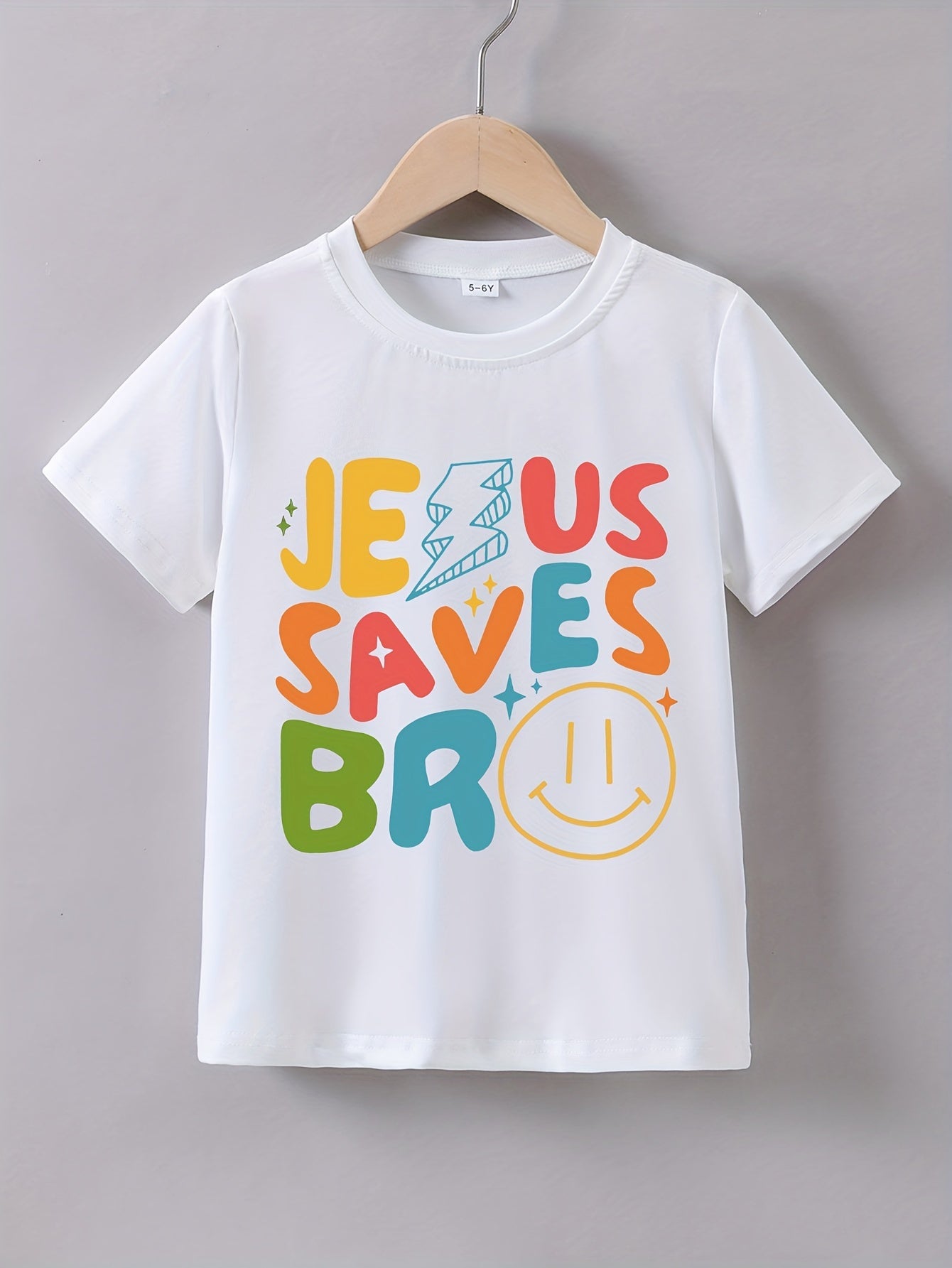 Kids' Summer Casual Cartoon Jesus Saves Graphic Tee - Crew Neck, Slight Stretch  image 1