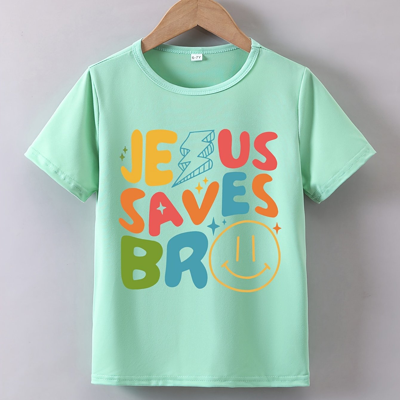 Kids' Summer Casual Cartoon Jesus Saves Graphic Tee - Crew Neck, Slight Stretch  image 10