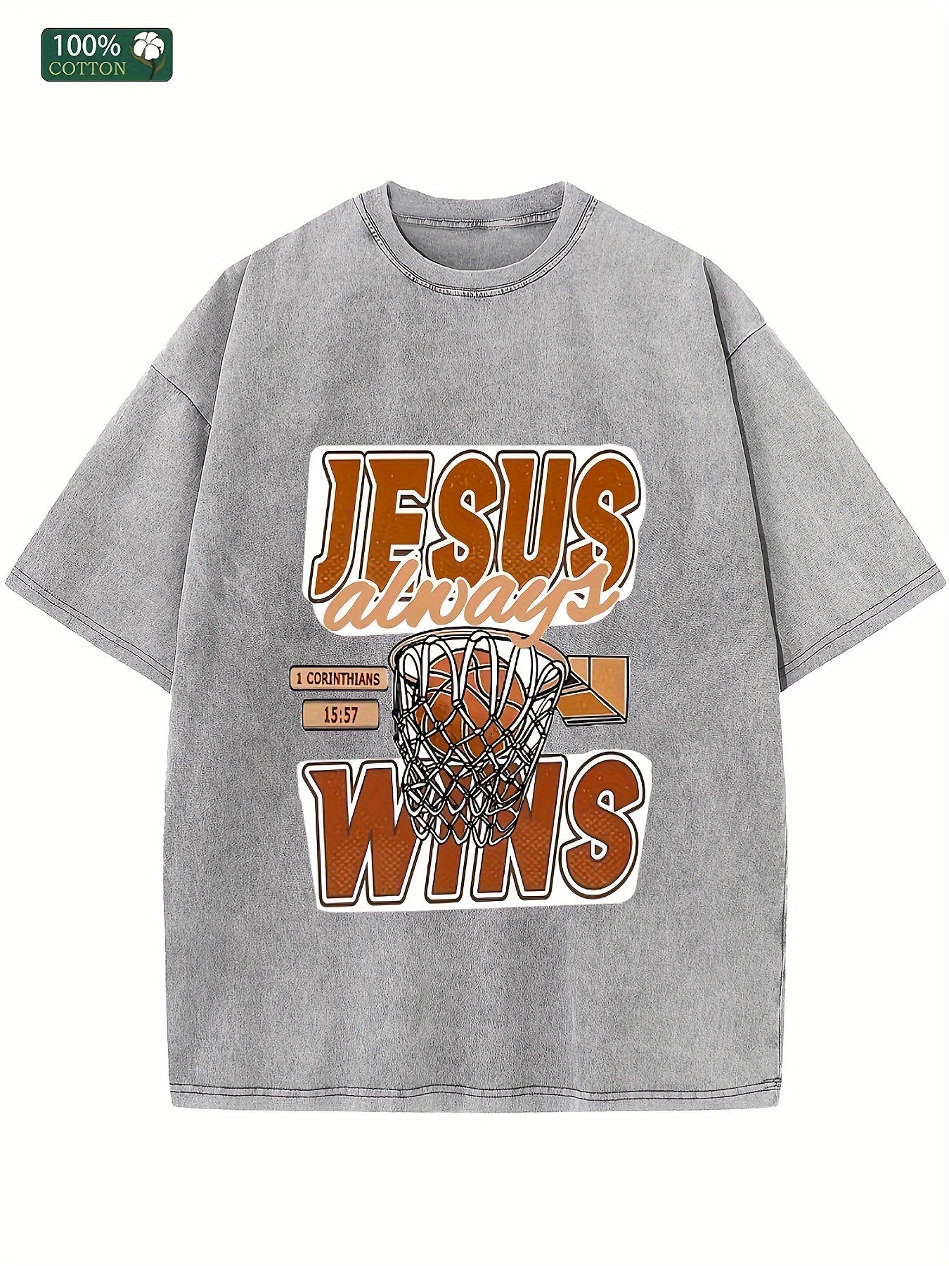 JESUS ALWAYS WINS Men's Wash Cotton T-shirt 100% Cotton Casual Sports T-shirt Fa image 3