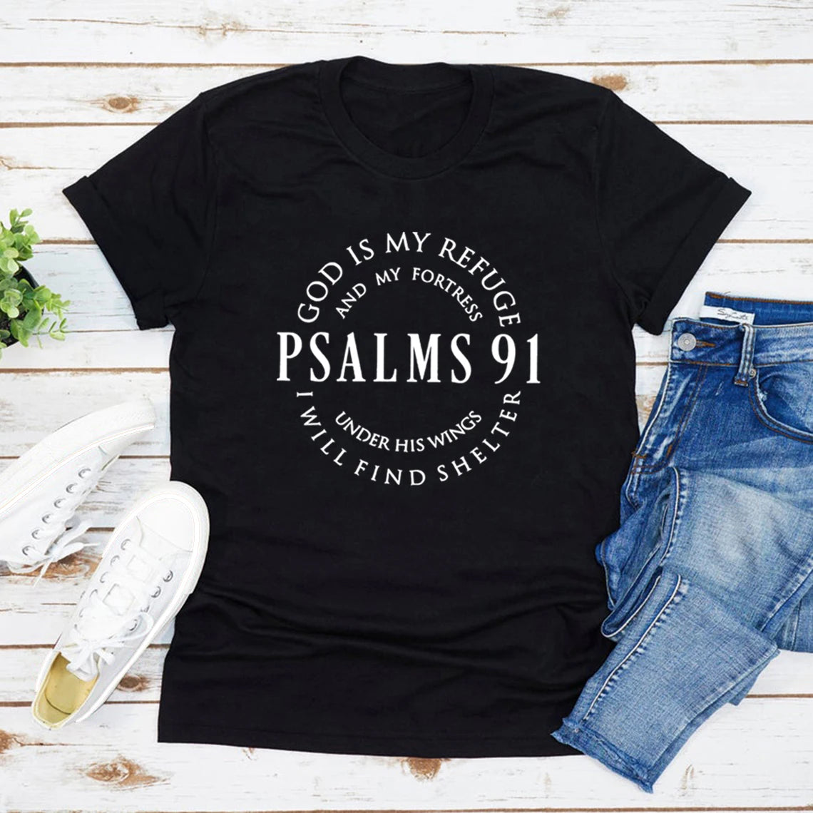 ゴッド・イズ・マイ・レフュージ 詩篇91 クリスチャンシャツ キリスト・ジーザスシャツ レディースTシャツ 半袖 宗教Tシャツ ジーザス・ラブ・ティーズ