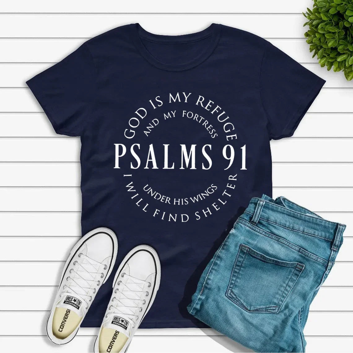 ゴッド・イズ・マイ・レフュージ 詩篇91 クリスチャンシャツ キリスト・ジーザスシャツ レディースTシャツ 半袖 宗教Tシャツ ジーザス・ラブ・ティーズ