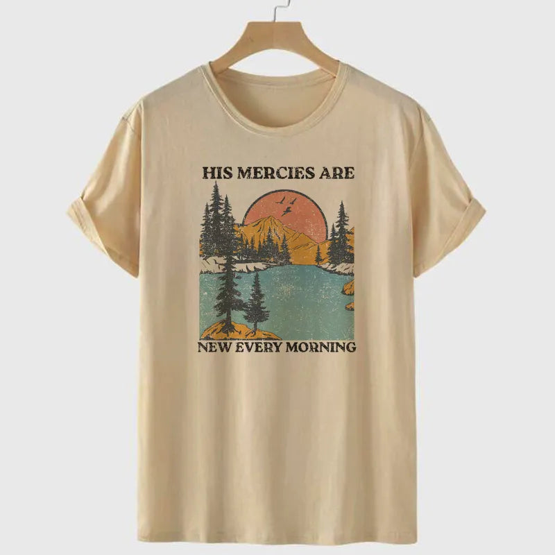 His Mercies Damen christliche T-Shirts Kurzarm Bibelvers T-Shirt Vintage Boho Jesus religiöse T-Shirts Geschenke Damen Oberteile