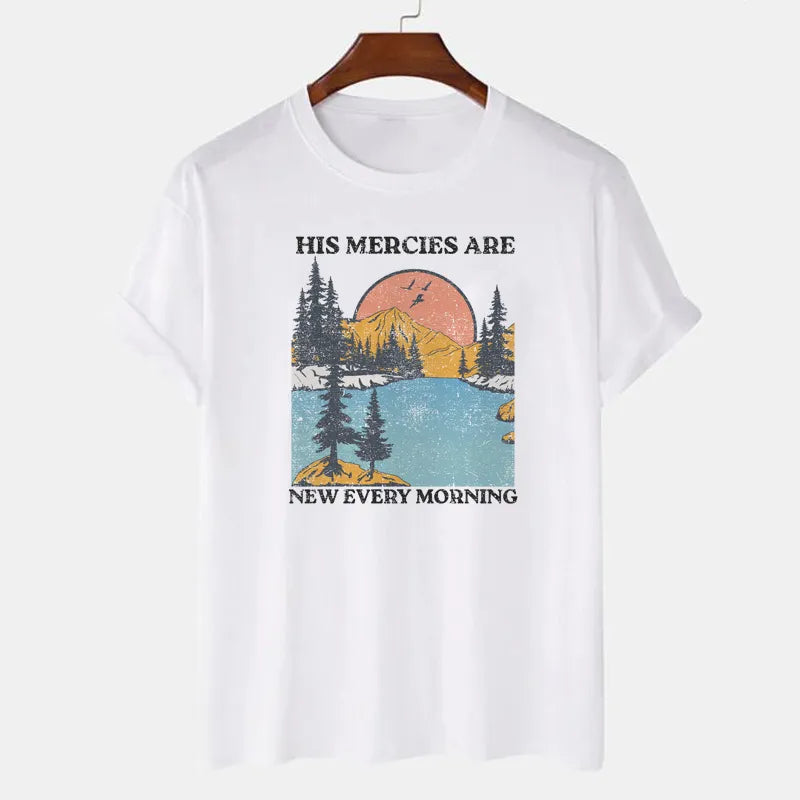 His Mercies Damen christliche T-Shirts Kurzarm Bibelvers T-Shirt Vintage Boho Jesus religiöse T-Shirts Geschenke Damen Oberteile