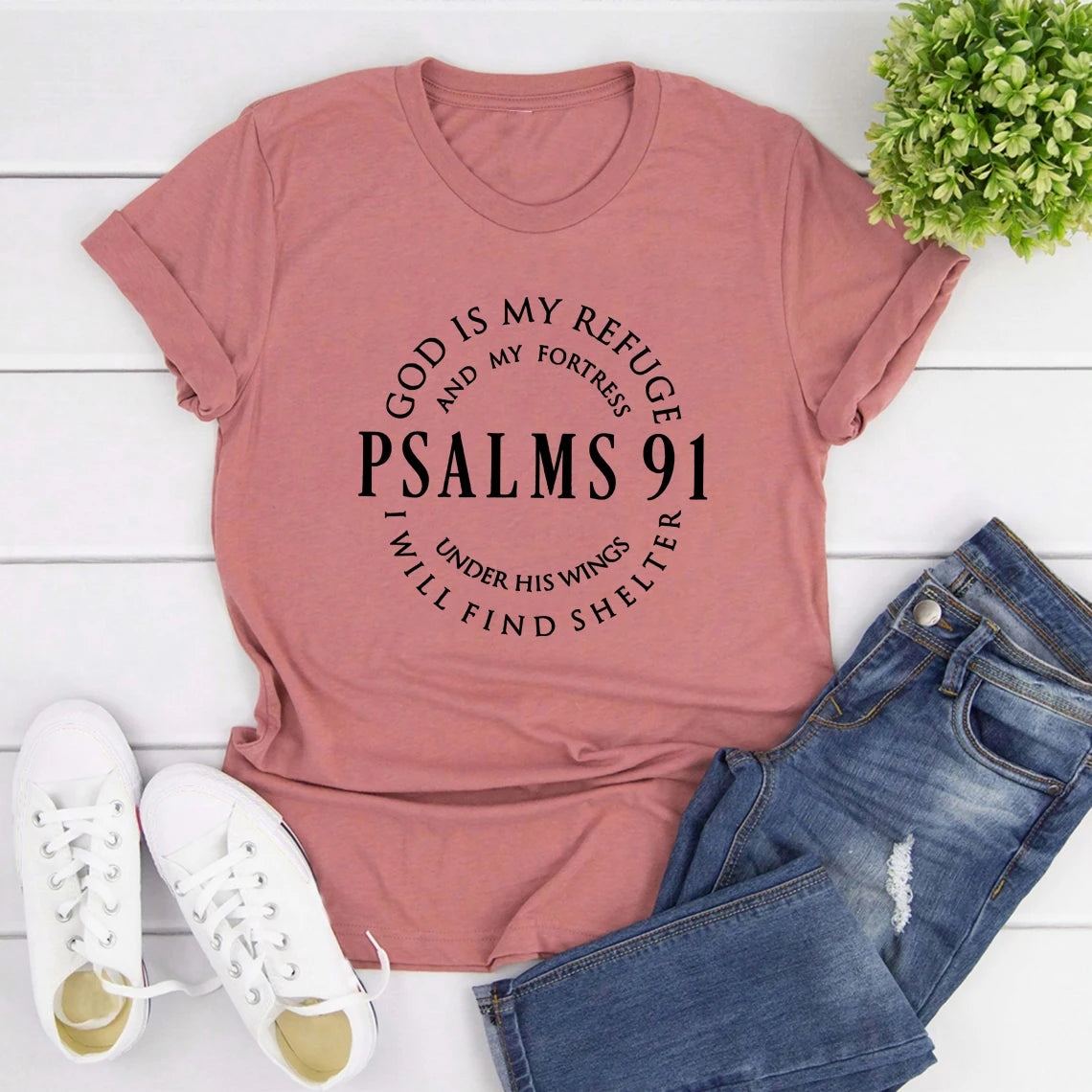 ゴッド・イズ・マイ・レフュージ 詩篇91 クリスチャンシャツ キリスト・ジーザスシャツ レディースTシャツ 半袖 宗教Tシャツ ジーザス・ラブ・ティーズ