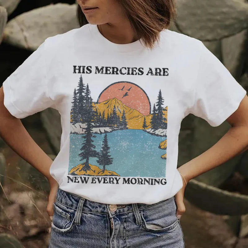 His Mercies Damen christliche T-Shirts Kurzarm Bibelvers T-Shirt Vintage Boho Jesus religiöse T-Shirts Geschenke Damen Oberteile