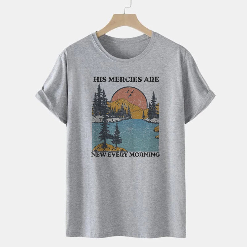 His Mercies Damen christliche T-Shirts Kurzarm Bibelvers T-Shirt Vintage Boho Jesus religiöse T-Shirts Geschenke Damen Oberteile