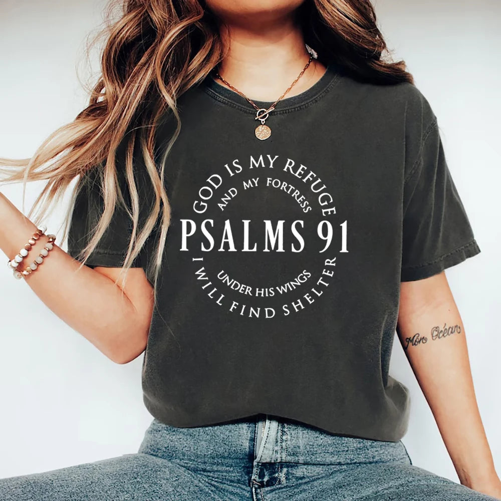 ゴッド・イズ・マイ・レフュージ 詩篇91 クリスチャンシャツ キリスト・ジーザスシャツ レディースTシャツ 半袖 宗教Tシャツ ジーザス・ラブ・ティーズ