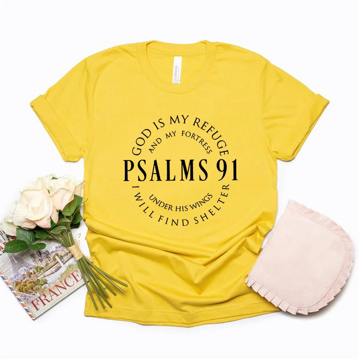 ゴッド・イズ・マイ・レフュージ 詩篇91 クリスチャンシャツ キリスト・ジーザスシャツ レディースTシャツ 半袖 宗教Tシャツ ジーザス・ラブ・ティーズ