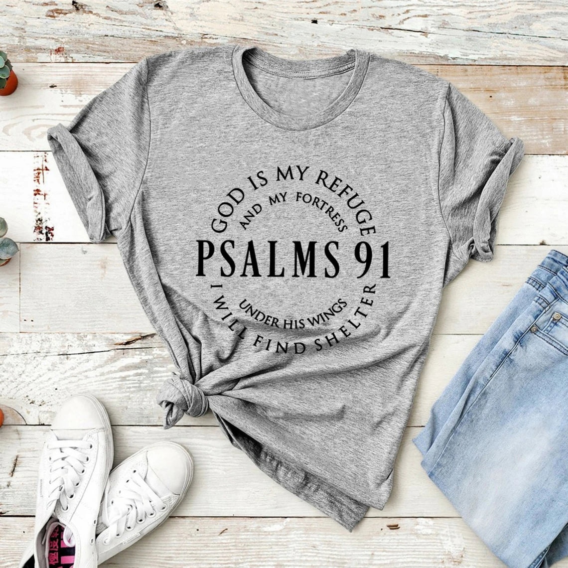 ゴッド・イズ・マイ・レフュージ 詩篇91 クリスチャンシャツ キリスト・ジーザスシャツ レディースTシャツ 半袖 宗教Tシャツ ジーザス・ラブ・ティーズ