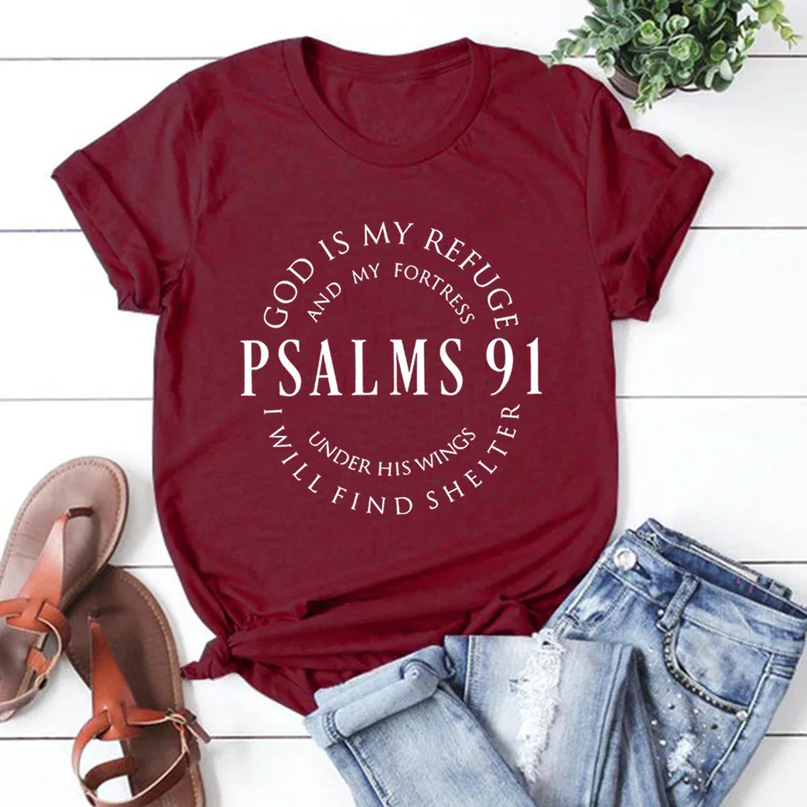 ゴッド・イズ・マイ・レフュージ 詩篇91 クリスチャンシャツ キリスト・ジーザスシャツ レディースTシャツ 半袖 宗教Tシャツ ジーザス・ラブ・ティーズ